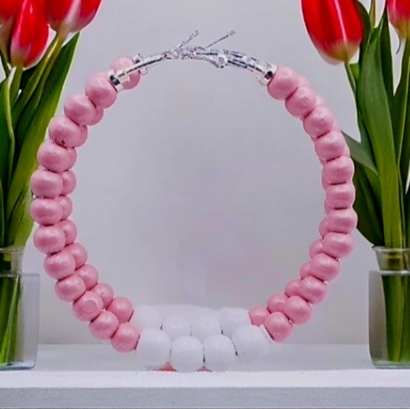 Hoop earrings with natural wooden beads, large hoop earrings - Picture 1 of 7